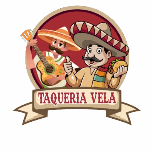 Taquería Vela illustrated logo featuring two characters in sombreros, a guitar, and a taco